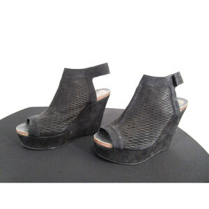 Vince Camuto Black Perforated Suede Ankle Strap Wedge Heel Sandal Booties Sz 9